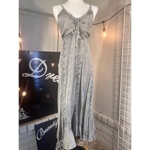 Womens Gray Tie Front Maxi Dress Boho Smocked Empire Waist Sundress Size Large